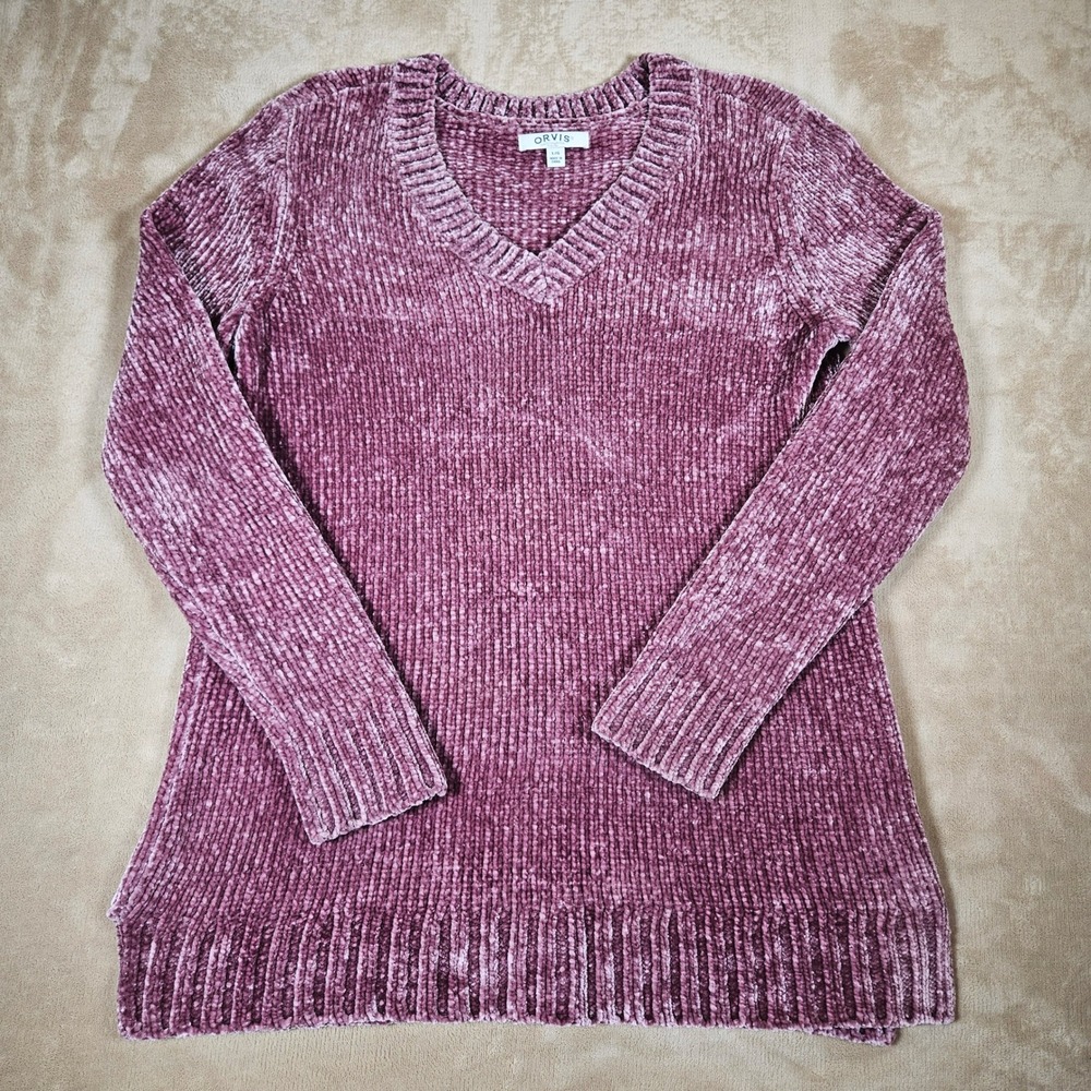 Orvis‎ Women Purple Chenille V-Neck Sweater Sz Large Mauve Velour Knit Cozy Soft
